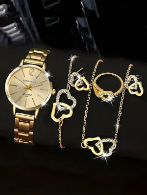 6pcs Women's Quartz Watch And Bracelet, Necklace, Ring, Earring Jewelry Set