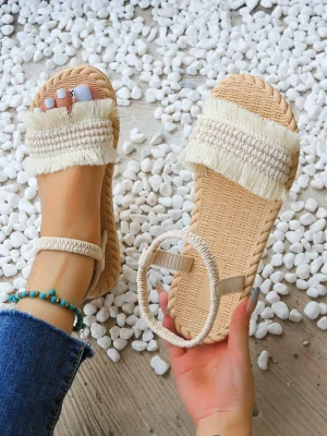 Women Fringe Trim Braided Design Single Band Espadrille Slingback Sandals 1 Women Fringe Trim Braided Design Single Band Espadrille Slingback Sandals